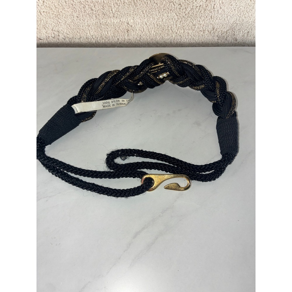 Unbranded Black Gold Braided Rope Belt - S - Pearl Medallion Vintage Glam